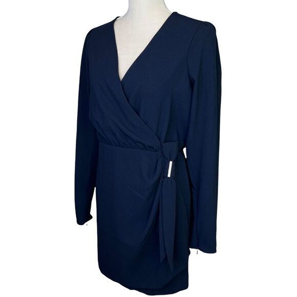NEW The Kooples Daisy Bow Detail Crepe Navy Long Sleeve Mini Dress - Picture 3 of 12